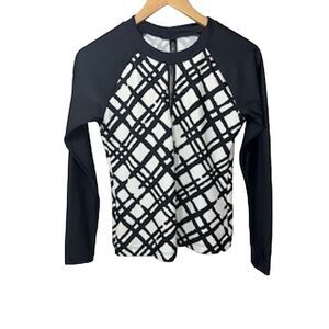 LA BLANCA Women's Geometric Print Long Sleeve Rash Guard Swim Top Black Size XS